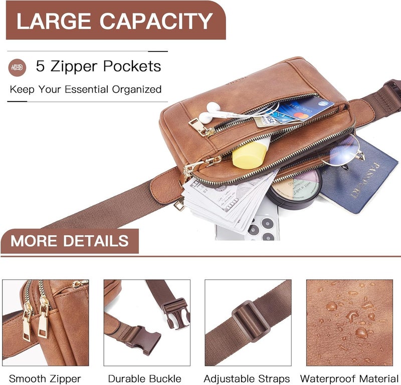 Telena Fanny Packs for Women Cross Body Leather Belt Bag Fashionable with Adjustable Strap Brown - Image 4